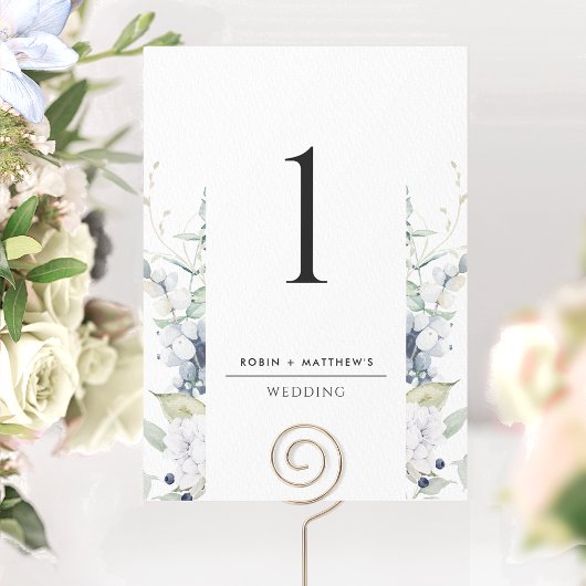 Elegant White, Blue Floral Wedding Table Number