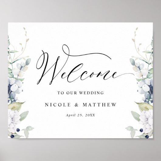 Elegant White Blue Floral Welkom Weddenschap Poster (Voorkant)