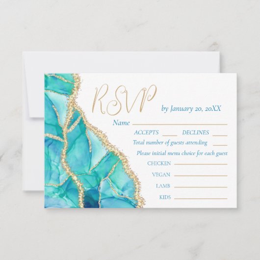 Elegant White Blue Glitter Wedding Menu RSVP (Voorkant)