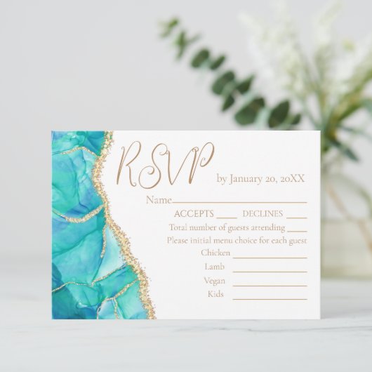 Elegant White Blue Glitter Wedding Menu RSVP (Staand voorkant)