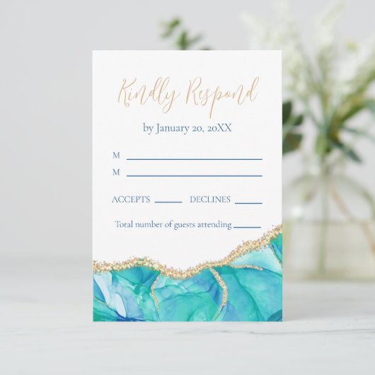 Elegant White Blue Glitter Wedding RSVP (Staand voorkant)