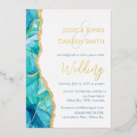 Elegant White Blue Gold Foil Weduwen Uitnodiging (Voorkant)