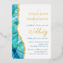 Elegant White Blue Gold Foil Weduwen Uitnodiging