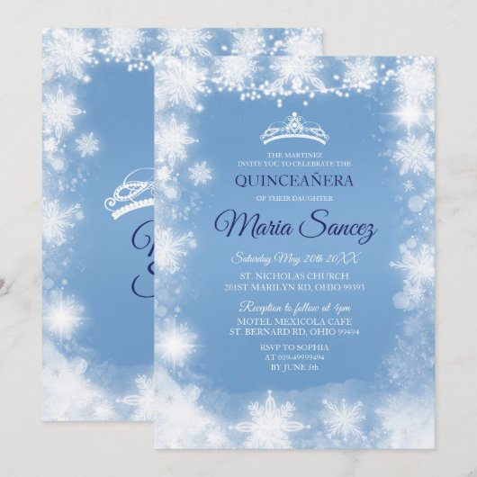 Elegant White & Blue Kerstmis Mis Quince nodigt ui Kaart (Voorkant / Achterkant)