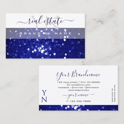 Elegant White Blue Sparking Glitter met Monogram Visitekaartje (Voorkant / Achterkant)