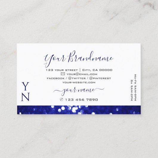 Elegant White Blue Sparking Glitter met Monogram Visitekaartje (Achterkant)