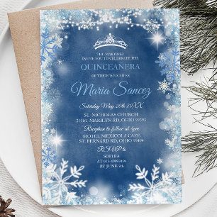 Elegant White Blue Winter Quinceanera Invite Kaart