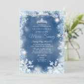 Elegant White Blue Winter Quinceanera Invite Kaart (Staand voorkant)