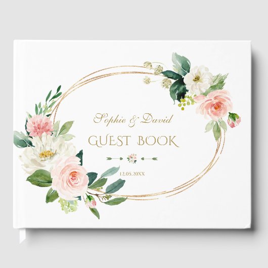 Elegant White Blush Floral Gold Lijst Wedding Gastenboek (Voorkant)