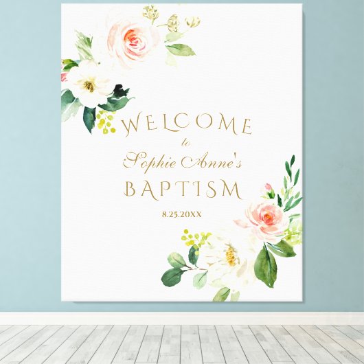 Elegant White Blush Floral Welcome Baptism Sign Canvas Afdruk (Insitu (Houten vloer))
