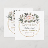 Elegant White Blush Flowers Gold Sweet Sixteen Save The Date (Voorkant / Achterkant)