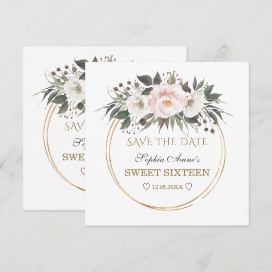Elegant White Blush Flowers Gold Sweet Sixteen Save The Date (Voorkant / Achterkant)