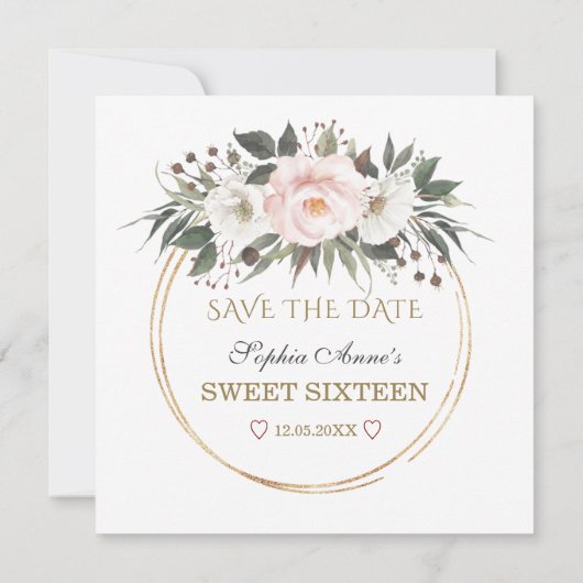 Elegant White Blush Flowers Gold Sweet Sixteen Save The Date (Achterkant)