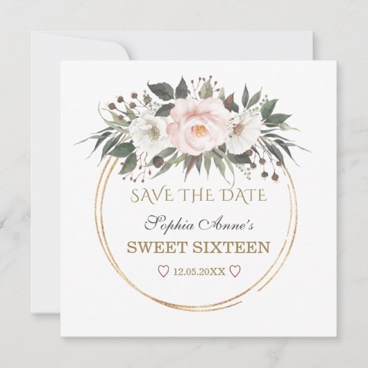 Elegant White Blush Flowers Gold Sweet Sixteen Save The Date (Voorkant)
