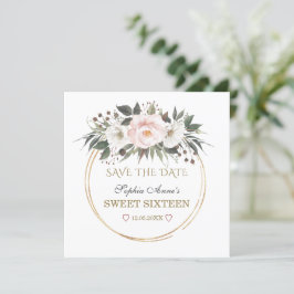 Elegant White Blush Flowers Gold Sweet Sixteen Save The Date