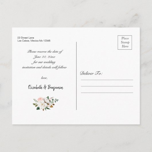Elegant White Blush Magnolia Floral Save the Date Briefkaart (Achterkant)