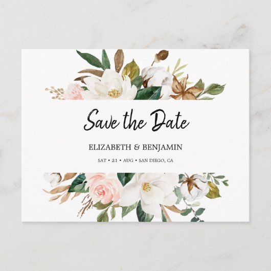 Elegant White Blush Magnolia Floral Save the Date Briefkaart (Voorkant)
