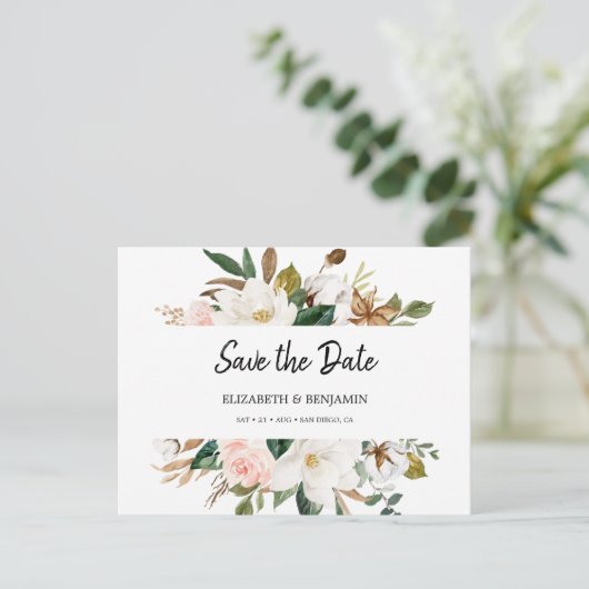 Elegant White Blush Magnolia Floral Save the Date Briefkaart (Staand voorkant)