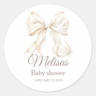 Elegant White Bow Baby Shower  Classic Round Stick Ronde Sticker