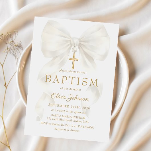 Elegant White Bow Baptism Girl Invitation Kaart