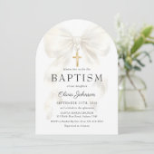 Elegant White Bow Baptism Girl Invitation Kaart (Staand voorkant)