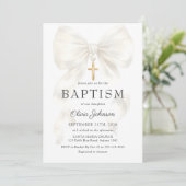 Elegant White Bow Baptism Girl Invitation Kaart (Staand voorkant)