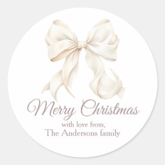 Elegant White Bow Merry Christmas  Ronde Sticker