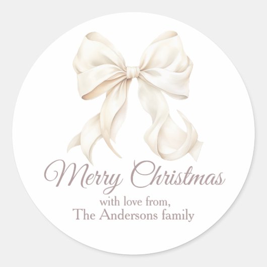 Elegant White Bow Merry Christmas  Ronde Sticker (Voorkant)