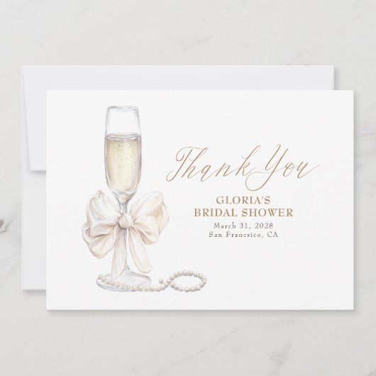 Elegant White Bow Prosecco Bridal Shower Thank You Bedankkaart (Voorkant)