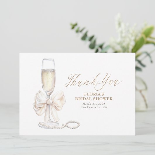 Elegant White Bow Prosecco Bridal Shower Thank You Bedankkaart (Staand voorkant)