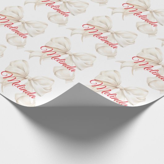 Elegant White Bow red name  Christmas  Cadeaupapier (Hoek)