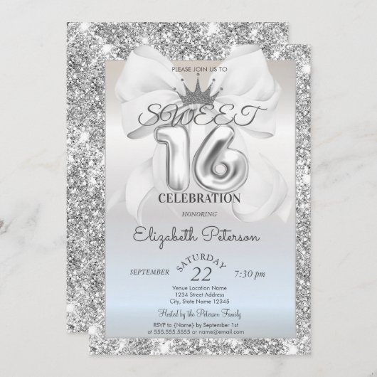 Elegant White Bow,Tiara,Silver Glitter Sweet 16  Kaart (Voorkant / Achterkant)