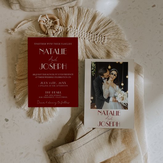 Elegant White Burgundy Minimalist Photo Wedding Kaart
