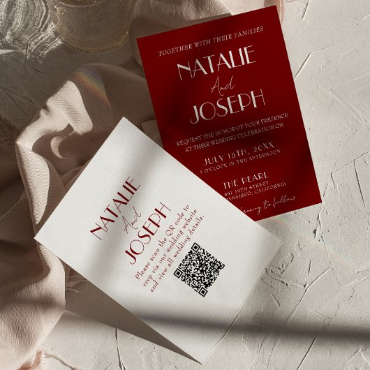 Elegant White Burgundy Minimalist QR Code Wedding Kaart