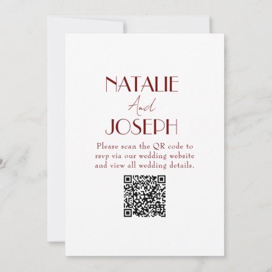 Elegant White Burgundy Minimalist QR Code Wedding Kaart (Achterkant)