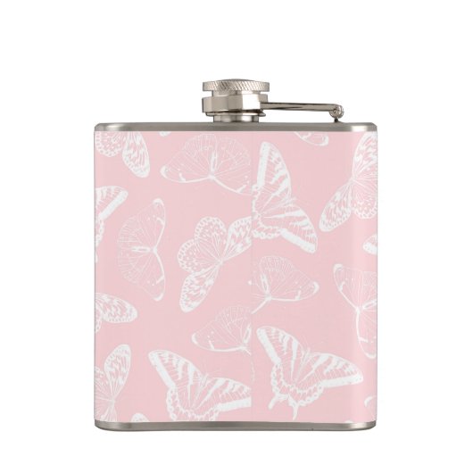 Elegant White Butterflies Roze Design Heupfles (Achterkant)