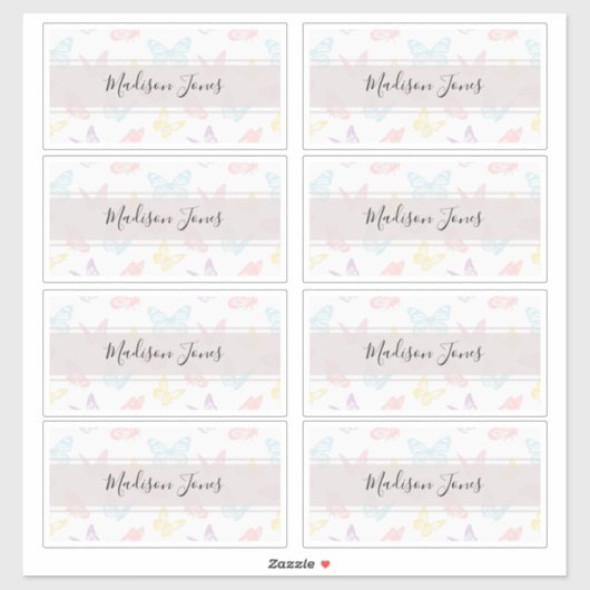 Elegant White Butterfly Pattern Kinder Name Book Sticker (Vel)