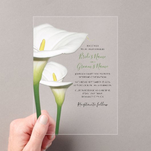 Elegant White Calla Lilies Wedding Invitations Acryl Uitnodigingen (Insitu (Draagbaar))