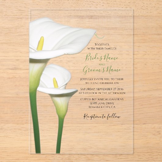 Elegant White Calla Lilies Wedding Invitations Acryl Uitnodigingen (Voorkant)