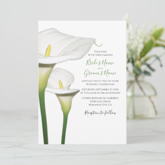 Elegant White Calla Lilies Wedding Invitations Kaart (Staand voorkant)