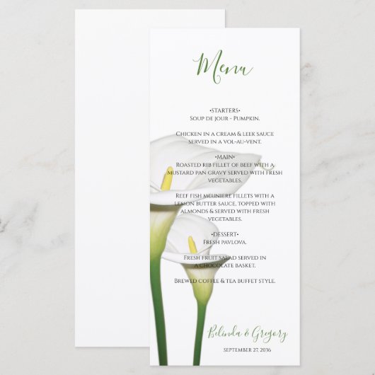 Elegant White Calla Lilies Wedding Menu (Voorkant / Achterkant)