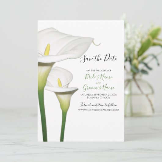 Elegant White Calla Lilies Wedding Save the Date (Staand voorkant)