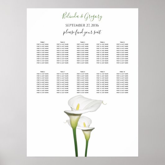 Elegant White Calla Lilies Wedding Seding Chart Poster (Voorkant)