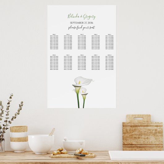 Elegant White Calla Lilies Wedding Seding Chart Poster (Keuken)