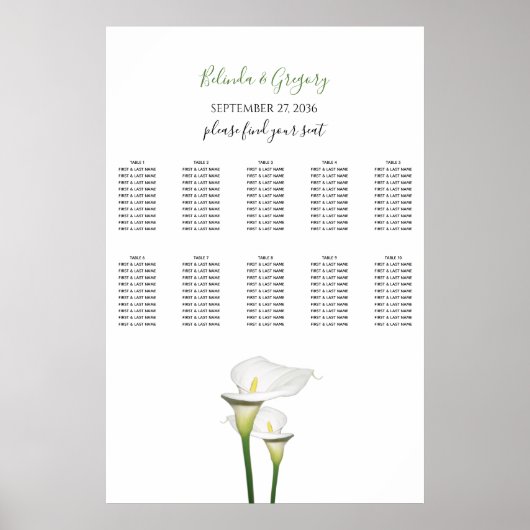 Elegant White Calla Lilies Wedding Seding Chart Poster (Voorkant)