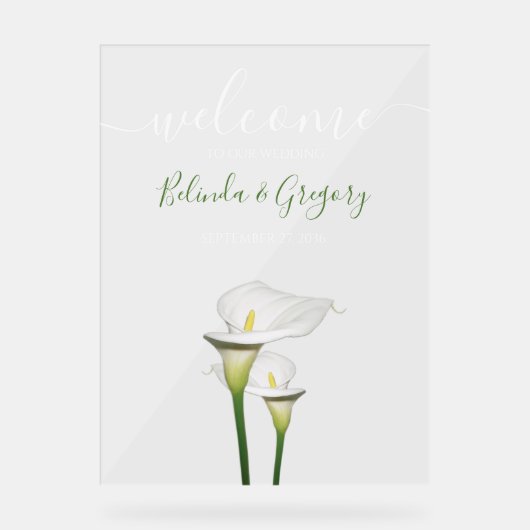 Elegant White Calla Lilies Wedding Welkomstteken Acryl Bord (Voorkant)