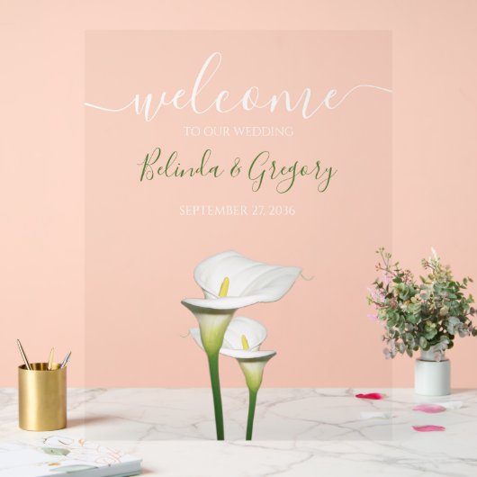 Elegant White Calla Lilies Wedding Welkomstteken Acryl Bord (Huwelijk)