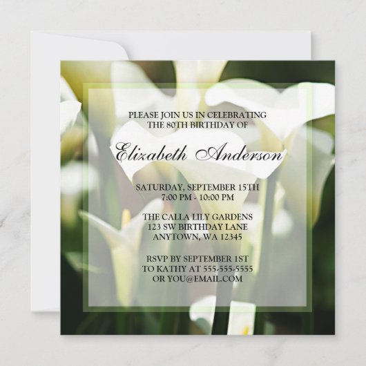 Elegant White Calla Lily 80th Birthday Party Kaart (Voorkant)