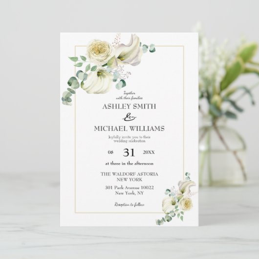 Elegant White Calla Lily & Eucalyptus Greenery Kaart (Staand voorkant)