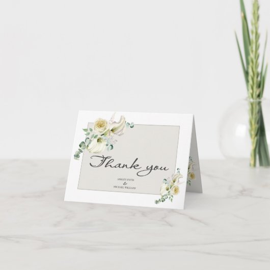 Elegant White Calla Lily & Eucalyptus Wedding Bedankkaart (Voorkant)